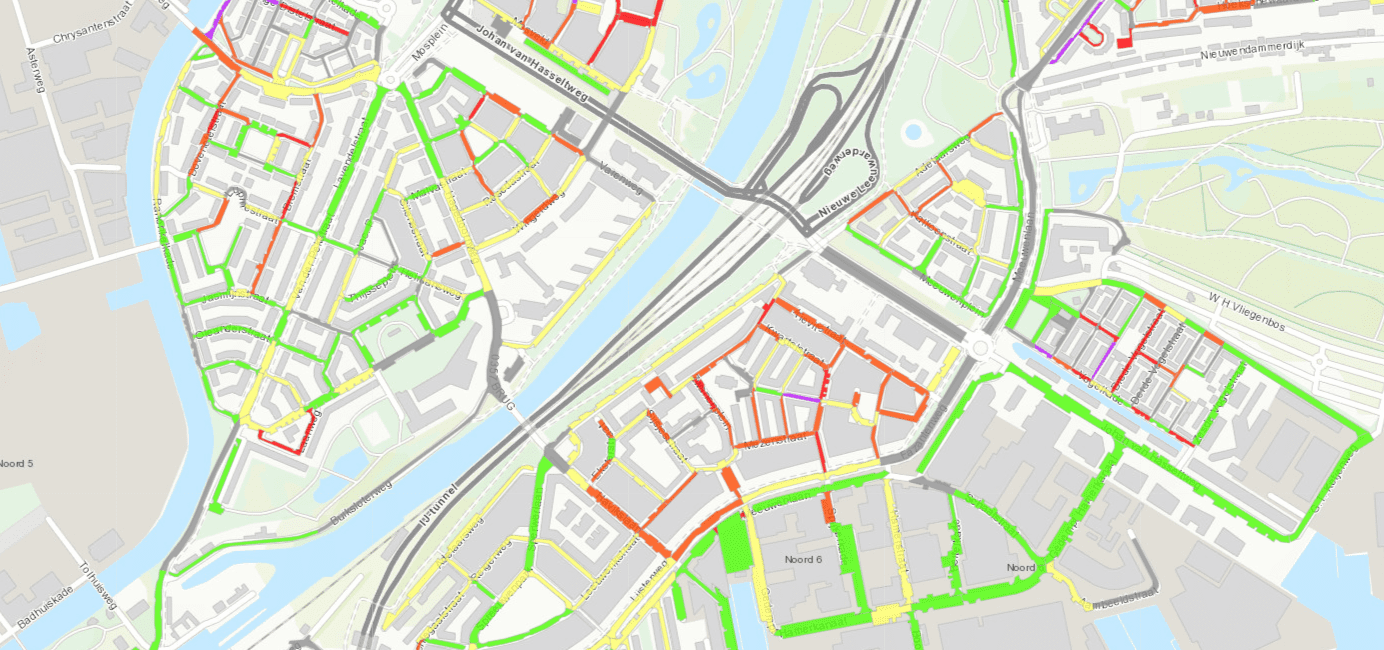 visuele weergave van een parkeerdrukmeting. Hiermee word de parkeerdruk duidelijk weergegeven in verschillende kleuren. Dit gebeurd door een GIS Visualisatie