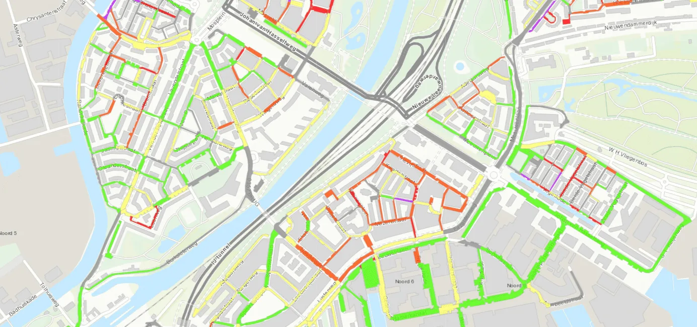 GIS-visualisatie_Keyvisual visuele weergave van een parkeerdrukmeting. Hiermee word de parkeerdruk duidelijk weergegeven in verschillende kleuren. Dit gebeurd door een GIS Visualisatie