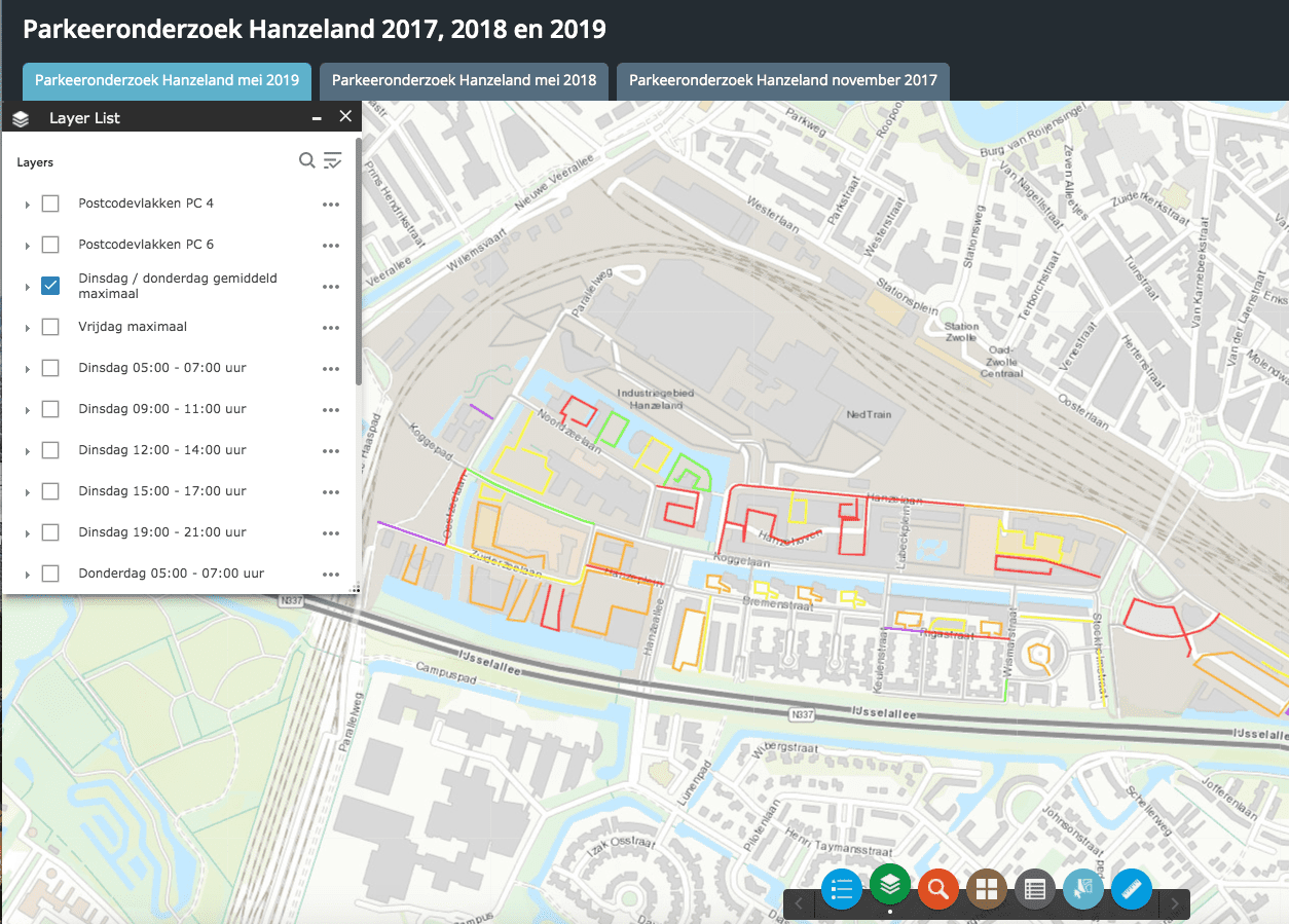 visuele weergave van een parkeerdrukmeting in Hanzeland Zwolle. Hiermee word de parkeerdruk duidelijk weergegeven in verschillende kleuren.